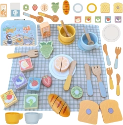 Tooky Toy koka piknika komplekts ar griežamiem augļiem koferī