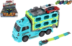 Plastmasas kravas automašīna – sacīkšu auto pārvadātājs ar inerci, 22 cm + 2 sporta mašīniņas