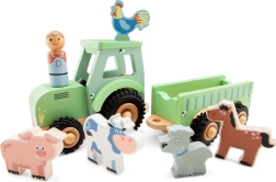 Koka traktors ar piekabi un dzīvnieciņiem New Classic Toys