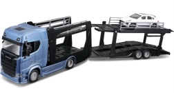 Bburago Street Fire kravas automobilis Scania 770S ar piekabi un Porsche Macan 1:43