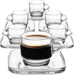 Stikla espresso tasītes ar kvadrātveida apakštasītēm 75 ml, komplekts 6 gab.