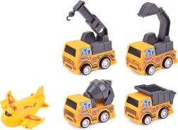 Komplekts ar mazām celtniecības mašīnām un lidmašīnu ar atpakaļgaitas mehānismu