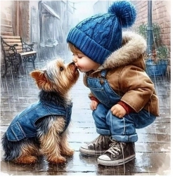 Diamond Mosaic Boy and Yorkie Dog, Kiss in the Rain