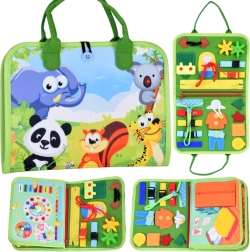 Tekstila Montessori manipulatīvā grāmatiņa ar dzīvniekiem un pulksteni