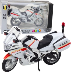 Metāla motocikls 1:12 ar gaismām un skaņām – balts ar sarkan-dzelteniem akcentiem