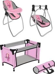 Leļļu komplekts Princess Pink Grey – ceļojumu gultiņa un 2‑vienā barošanas krēsliņš ar šūpulīti