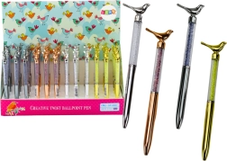 Lodīšu pildspalva ar putniņu un mirdzošiem kristāliņiem, zila tinte 0,7 mm