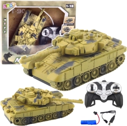 RC tanks T-90 1:18 ar rotējošu torni, gaismām un skaņām – tuksneša kamuflāža