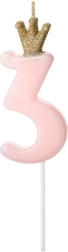 Rozā kūkas svece ar kronīti cipara 3 formā