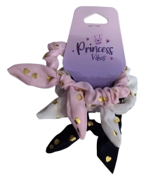 PINK set of scrunchie hair ties with a bow and gold hearts - 3 pcs
