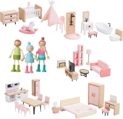 Koka mēbeļu komplekts leļļu mājai ar ģimeni 5 vienā