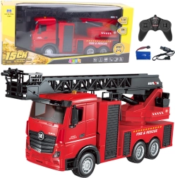 RC ugunsdzēsēju auto ar izvelkamu kāpnēm un ūdens izsmidzināšanu HUI NA 1:18