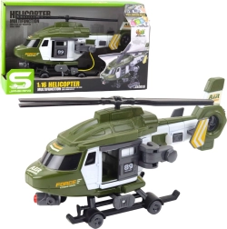 Militārais helikopters 1:16 ar gaismām, skaņām un āķi ar nestuvēm