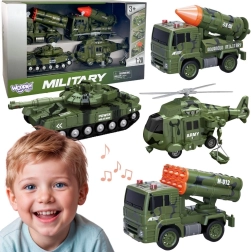 WOOPIE militāro transportlīdzekļu komplekts ar raķešu palaišanas iekārtām, tanku un helikopteru 4 gab., mērogs 1:20
