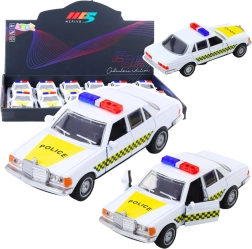 Metāla policijas auto 1:32 ar pull-back piedziņu un atveramām durvīm, balts