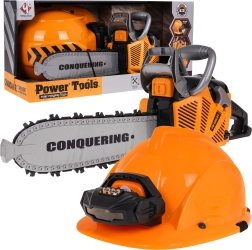 Elektriskā motorzāģa rotaļlieta ar ķiveri