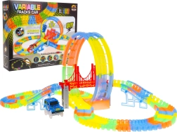 Fluorescējoša sacīkšu trase bērniem 3+ ar elastīgiem posmiem, 157 detaļas, autiņš ar LED un 360° cilpu