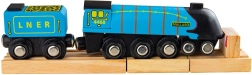 Wooden replica of the Mallard locomotive with tracks