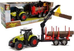 Traktors ar meža piekabi, baļķiem un rotējošu strēli