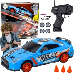 RC sporta auto 1:24 zilā krāsā ar maināmiem riteņiem