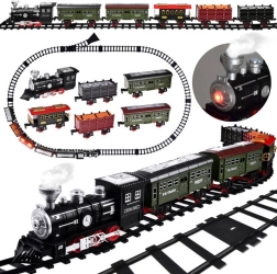 Electric train set with steam locomotive, steam and light