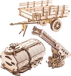 UGEARS piederumi kravas auto UGM-11 – ugunsdzēsēju kāpnes, piekabes kravas kaste un cisterna (3D koka mehāniskie moduļi)