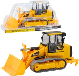 Bērnu kāpurķēžu buldozers ar platu, kustīgu priekšējo kausu – dzeltens