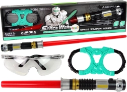 Kosmiskā komplekts: gaismas zobens ar tirkīzzilu gaismu un aizsargbrilles ar skaņu