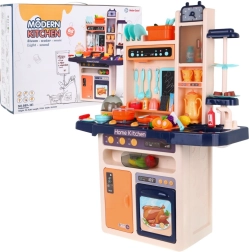 Kids’ Kitchen with Water Faucet and Steam Burner, Audio Panel, 65 Pieces – Blue