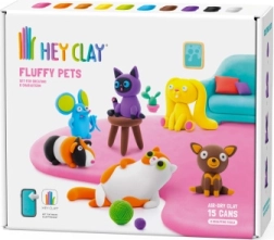 Hey Clay radošanās komplekts Fluffy Pets – mīluļi no vieglas pašcietējošas masas (15 trauciņi)