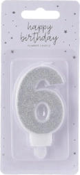 Silver Number 6 Cake Candle, 7 cm