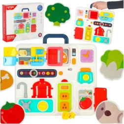 Montesori manipulācijas tāfele ar virtuves elementiem un mācību pulksteni