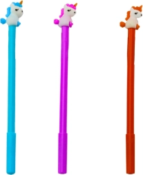 Lodīšu pildspalva ar vienradzi, melna tinte, 0,5 mm – fuksīša/oranža/zila miks