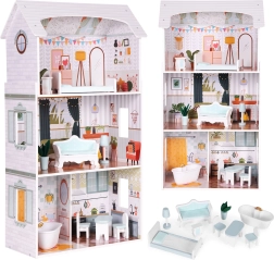 Leļļu mājiņa Alice – 3 stāvi, 4 istabas, komplekts ar 9 mēbeļu gabaliem Ecotoys