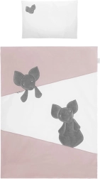 Pink and white baby crib bedding set with bumper and animal-themed pillow