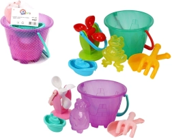 Plastmasas smilšu un ūdens rotaļu komplekts ar spaini un dzirnaviņām tīkla maisiņā 20 × 19 cm