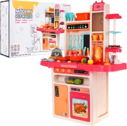 Kids’ Kitchen with Water Faucet and Steam Burner, Audio Panel, 65 Pieces – Pink