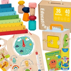 Tooky Toy Montessori izglītojošā kaste 6 vienā: slēdzamā kaste, līdzsvarošanas akmeņi, laikapstākļu tāfele, skaitīšana 1–10, krāsojamās lapas un grāmatiņa