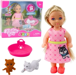 Mini lelle ar suni un kaķi ar piederumiem