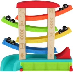 Kaskādes sacīkšu trase rotaļu auto ar 4 mašīnītēm, koks un plastmasa, 33 × 32 × 10 cm