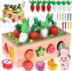 Koka Montessori dārza ratiņi ar burkānu ražu, formām un magnētiskajiem tārpiņiem