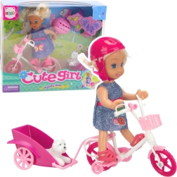 Mini lelles komplekts ar velosipēdu, piekabi un baltu sunīti