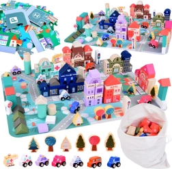 Pasteļkrāsas koka komplekts Pilsēta ar puzles spēļu paklājiņu