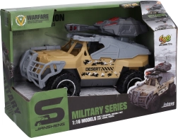 Militārā automašīna ar lielgabalu un gaismas un skaņas efektiem
