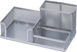 Metal desk organizer with pencil holder and memo cube, silver