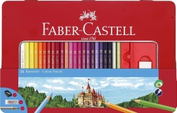 Koka sešstūra krāsainie zīmuļi FABER-CASTELL, 48 gab metāla kārbā ar asināmo, dzēšgumiju un zīmuļiem