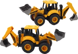 Būvniecības transports – dzeltens ekskavators ar divām kausēm un regulēšanu