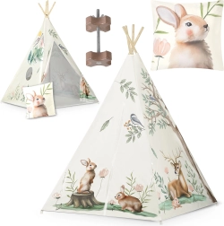 Bērnu tipi telts NUKIDO – bēša ar meža motīviem