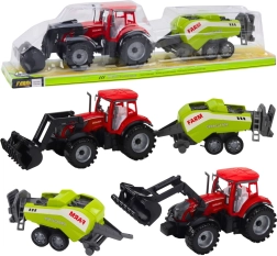 Sarkans traktors ar frontālo iekrāvēju un siena presi – plastmasas fermas rotaļlieta