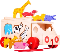 Bigjigs Toys koka velkamais auto ar dzīvniekiem un formu šķirotāju